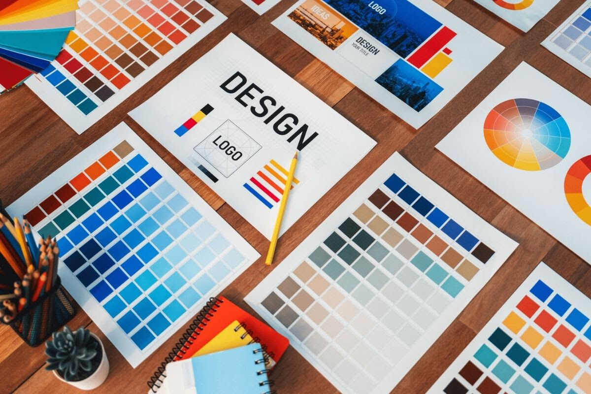 Graphic design layout with color swatches, logo mockups, and branding materials on a wooden desk.