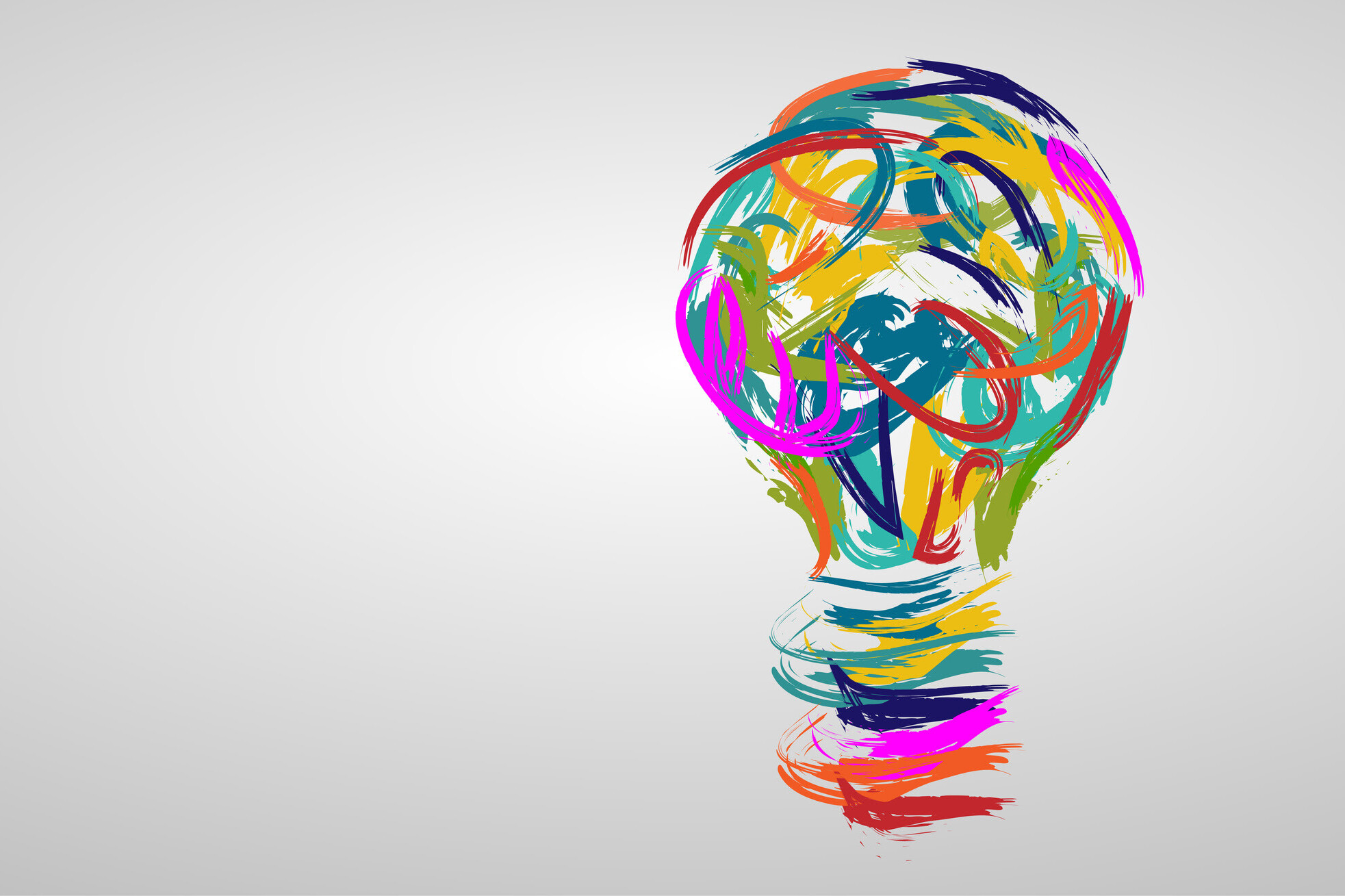 Multicolored paint strokes depict a lightbulb