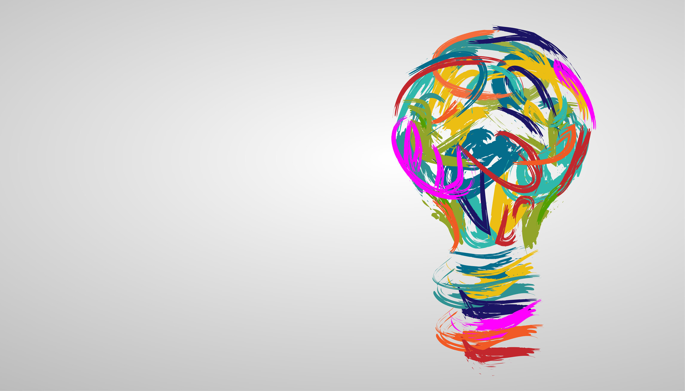 Multicolored paint strokes depict a lightbulb
