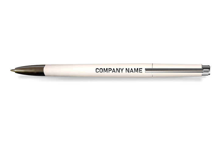 White ballpoint pen with 'Company Name' printed on the barrel, featuring a silver clip and black tip.