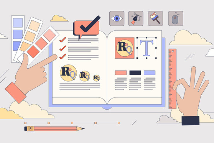 Illustration of a graphic design workspace with an open branding guide, color swatches, and design tools.