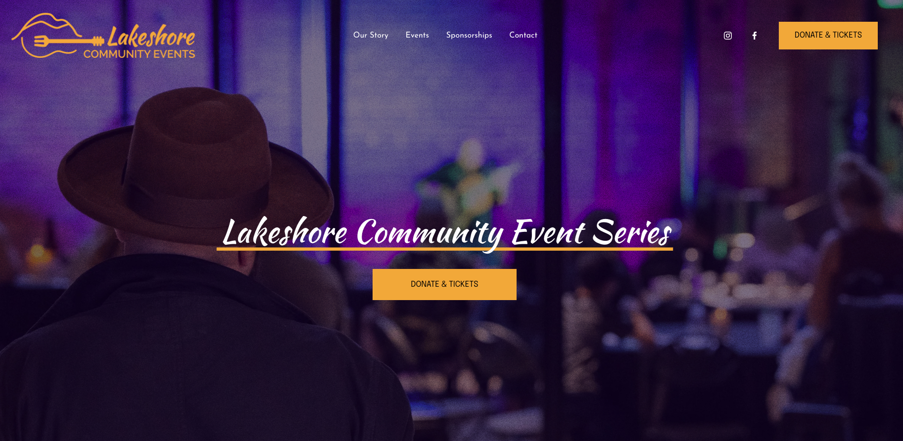 Lakeshore Community Events homepage featuring a concert audience and stage, promoting community live music events.