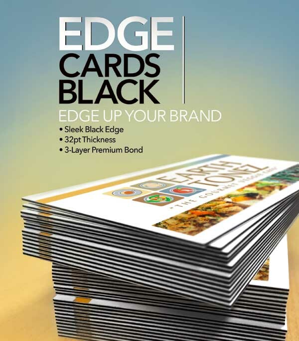 Promotional image for sleek black edge business cards, highlighting features and pricing.