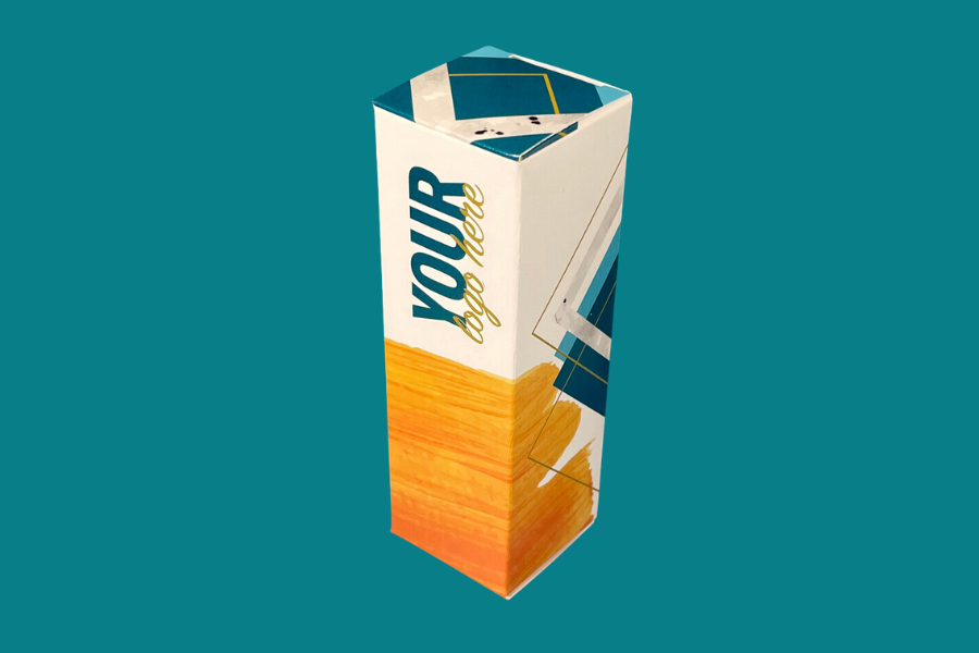 A rectangular package with orange and teal shapes and the phrase, 