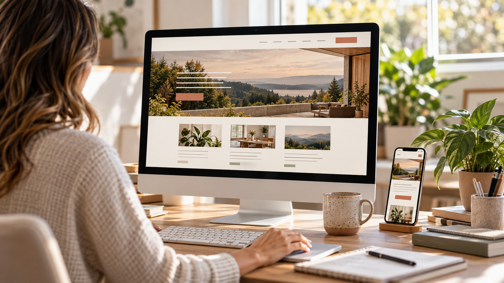Creative professional working on a polished website displayed on desktop and mobile screens.