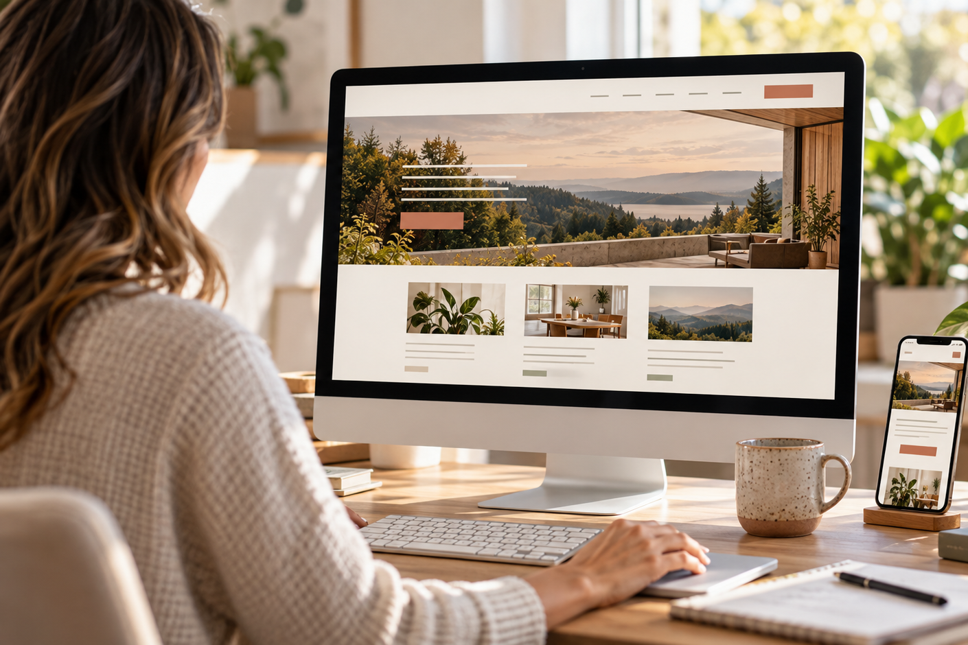 Creative professional working on a polished website displayed on desktop and mobile screens.