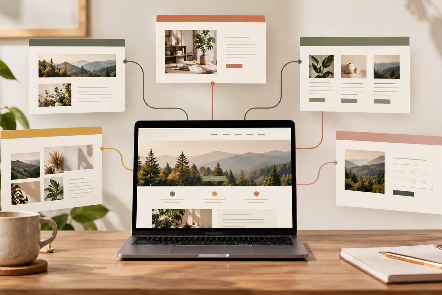 Laptop surrounded by connected website pages, illustrating a purposeful user journey.