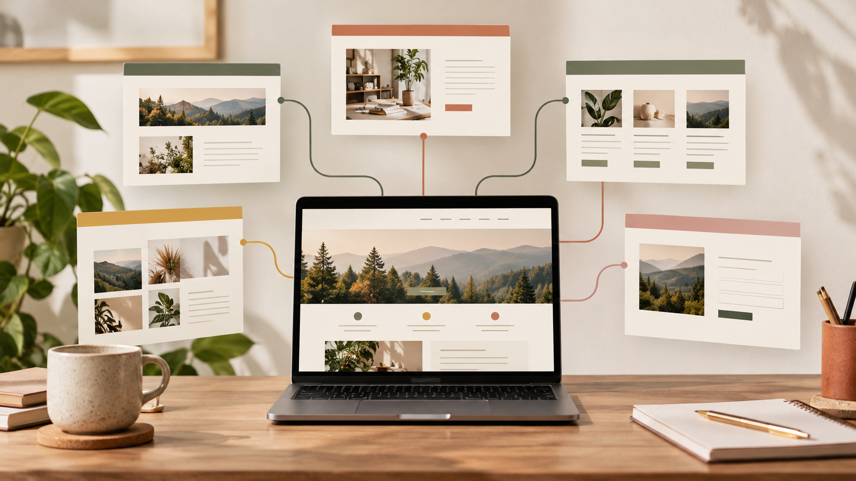 Laptop surrounded by connected website pages, illustrating a purposeful user journey.