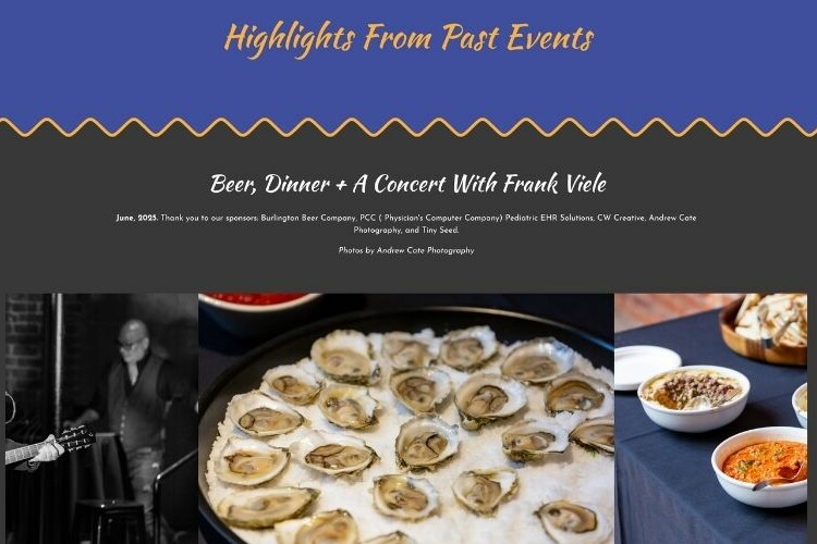 Highlights from a past event showcasing live music by Frank Viele alongside food including fresh oysters and appetizers.