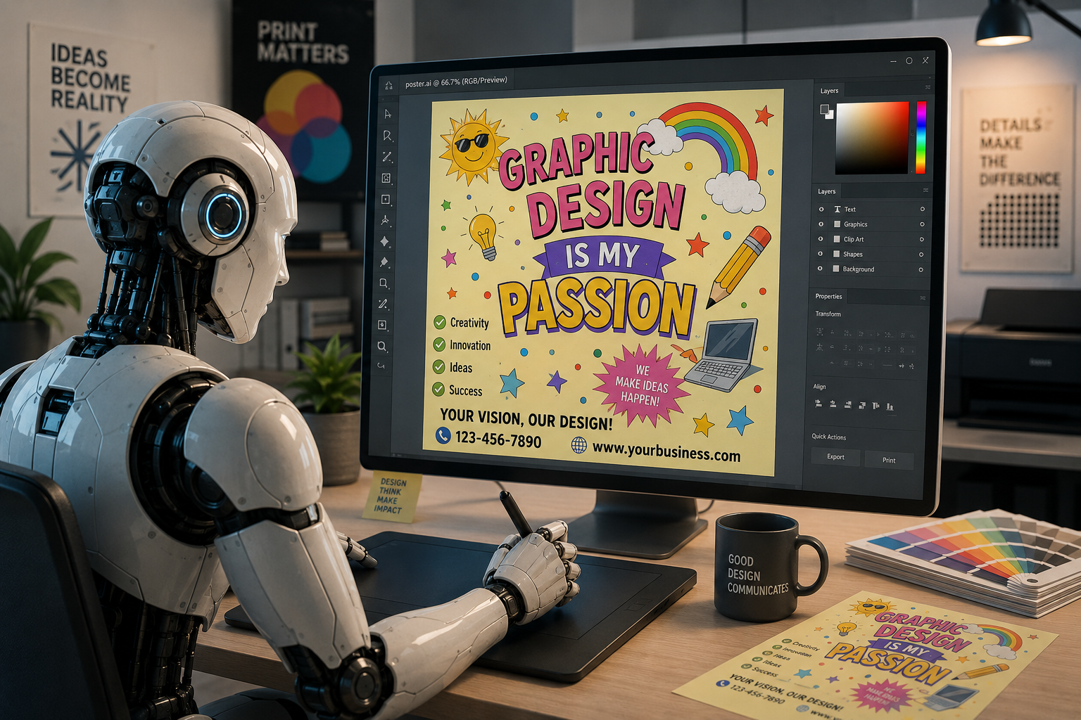 A robot designs a colorful graphic poster titled 