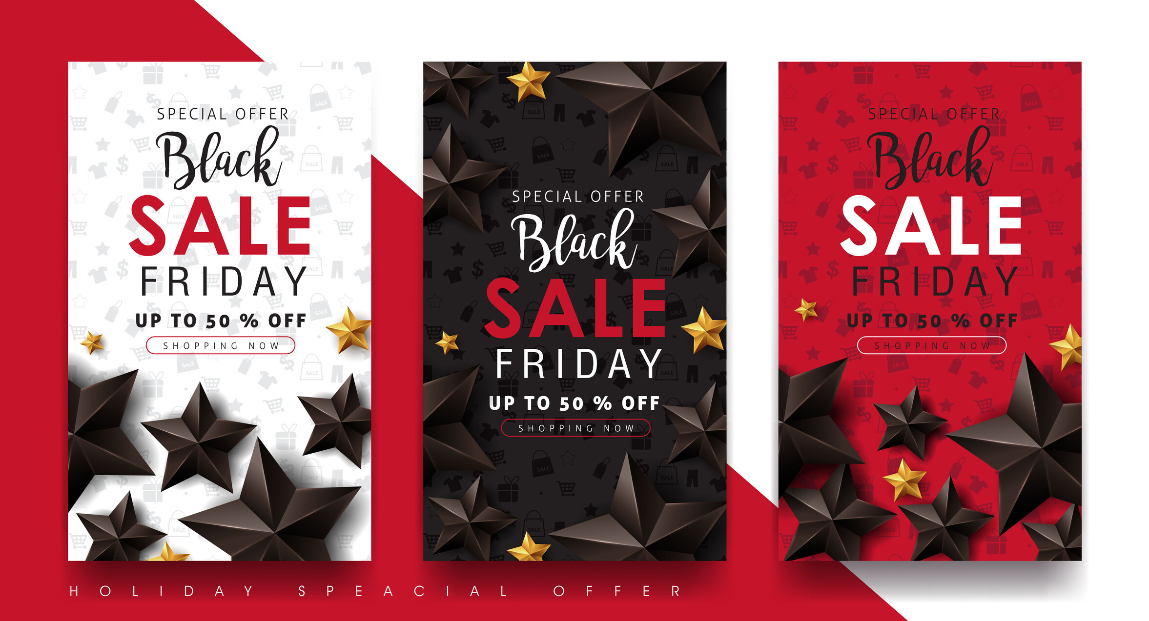 Special offer Black Friday sale banners in white, black, and red with star accents.