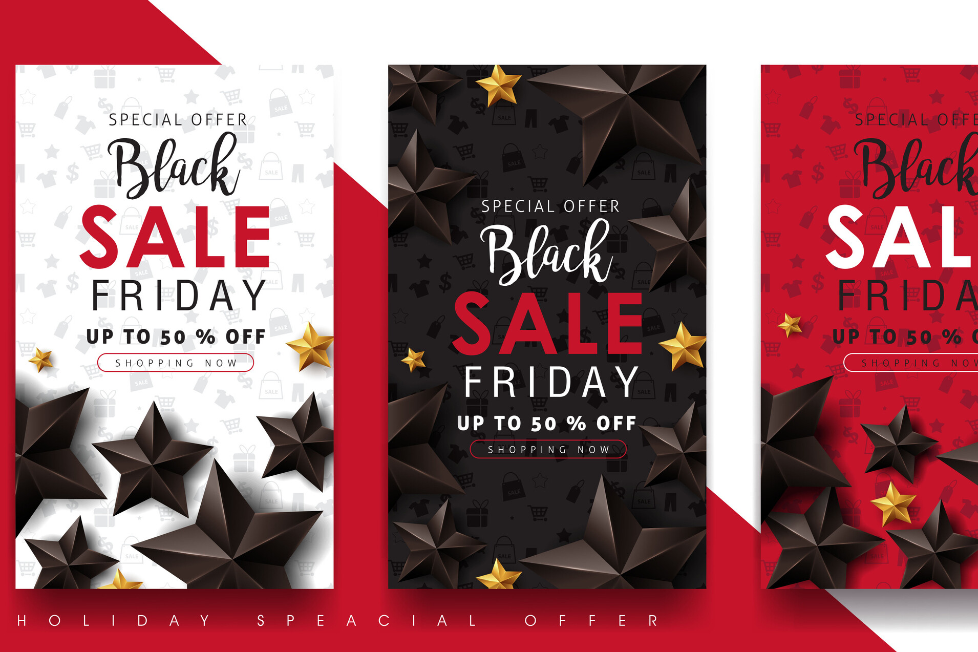 Special offer Black Friday sale banners in white, black, and red with star accents.