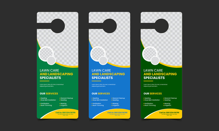 Set of colorful door hangers advertising landscaping and lawn maintenance services
