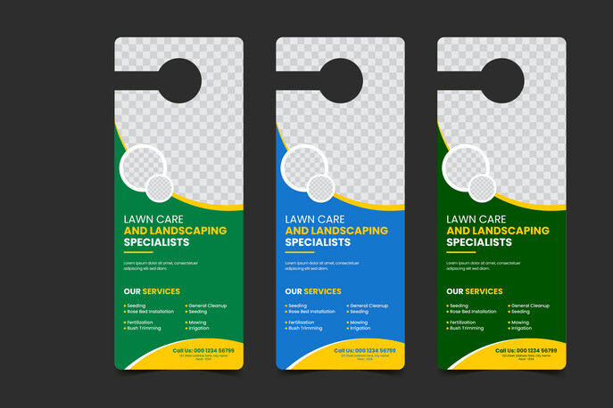Set of colorful door hangers advertising landscaping and lawn maintenance services