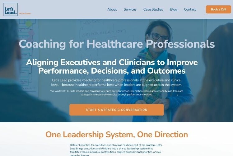 Homepage for a coaching service focused on healthcare leadership and performance improvement.