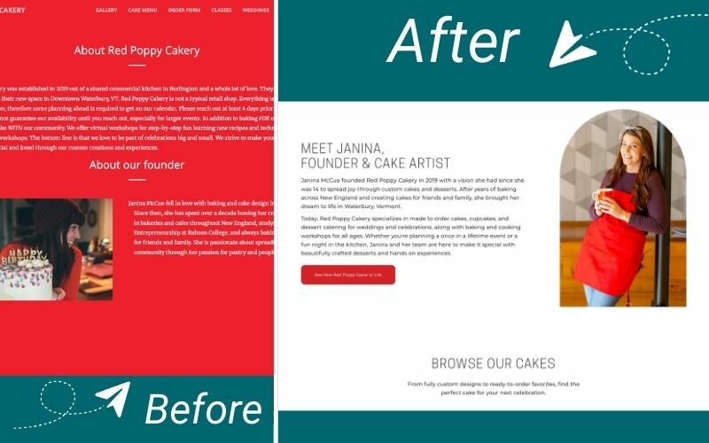 Before and after comparison of Red Poppy Cakery website redesign with improved layout and founder introduction section.