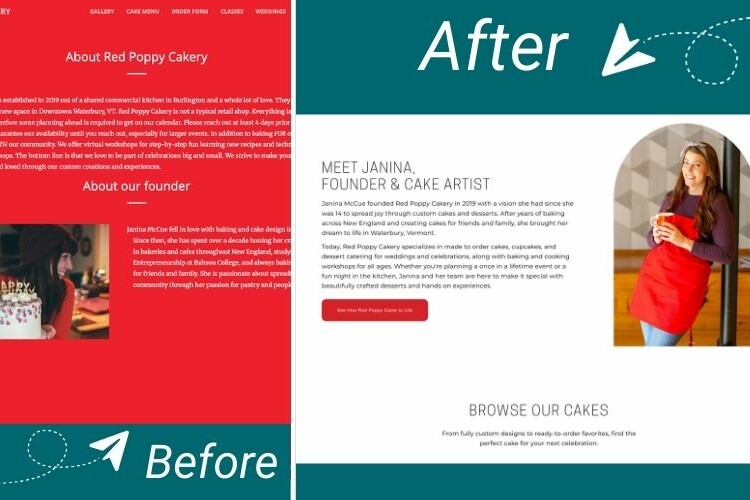 Before and after comparison of Red Poppy Cakery website redesign with improved layout and founder introduction section.