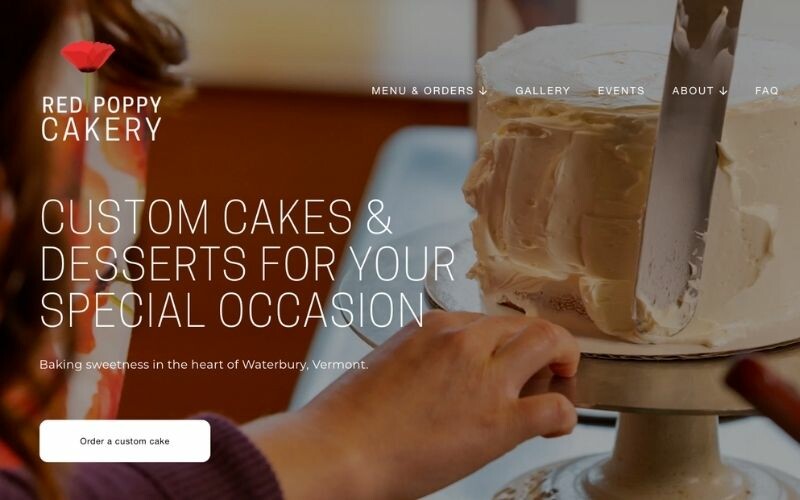 Close-up of cake decorating with custom cakes and desserts website banner text