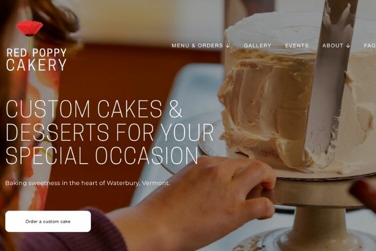 Close-up of cake decorating with custom cakes and desserts website banner text