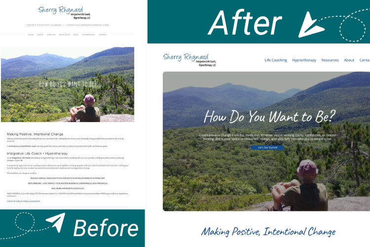Website update comparison showing improved layout for life coach Sherry Rhynard with mountain background