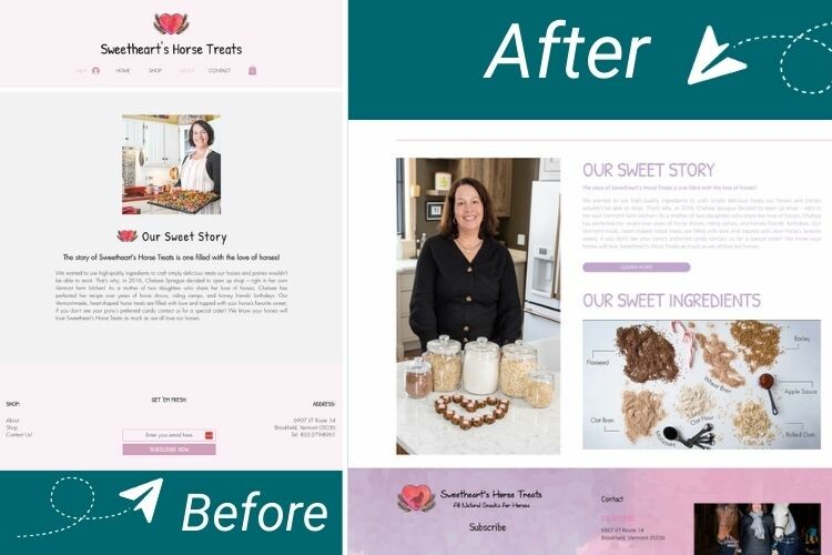Before and after redesign of Sweetheart's Horse Treats website showcasing updated layout and visuals