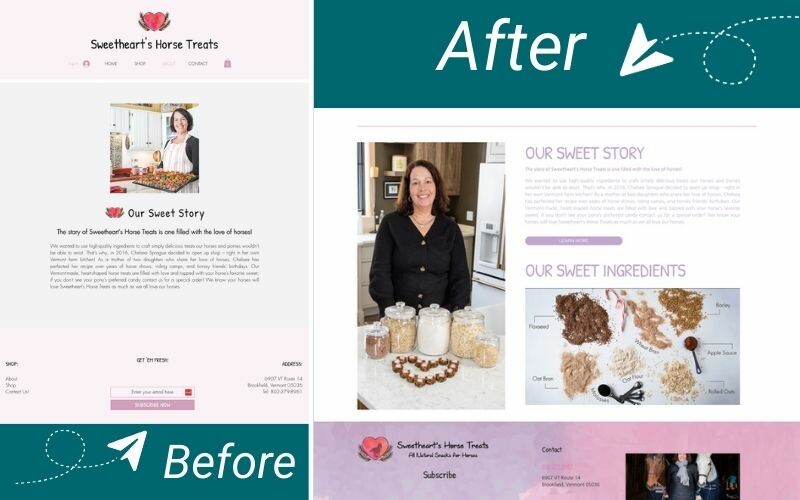 Before and after redesign of Sweetheart's Horse Treats website showcasing updated layout and visuals