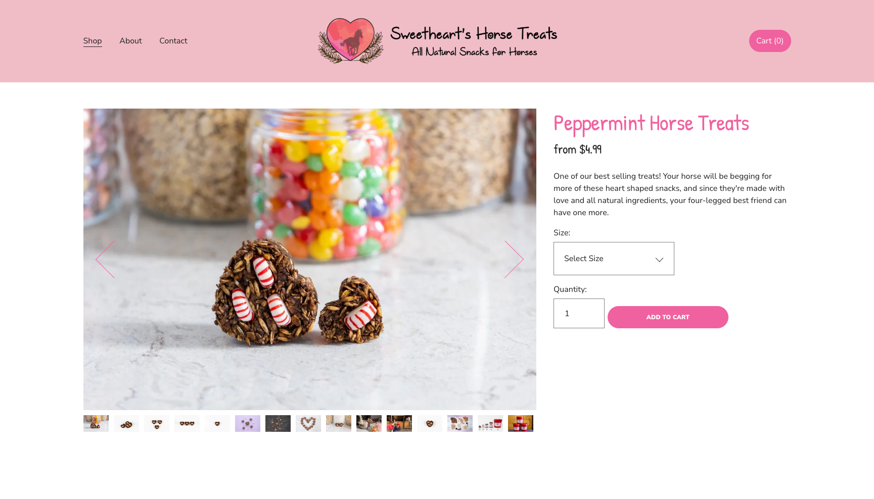 Two heart-shaped horse treats with peppermint accents on a light surface, colorful jar in background.