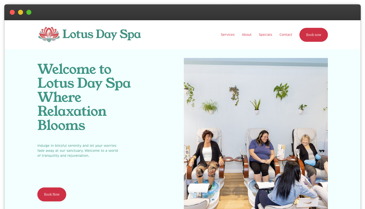 Lotus Day Spa website showcasing services like manicures, pedicures, and facials.