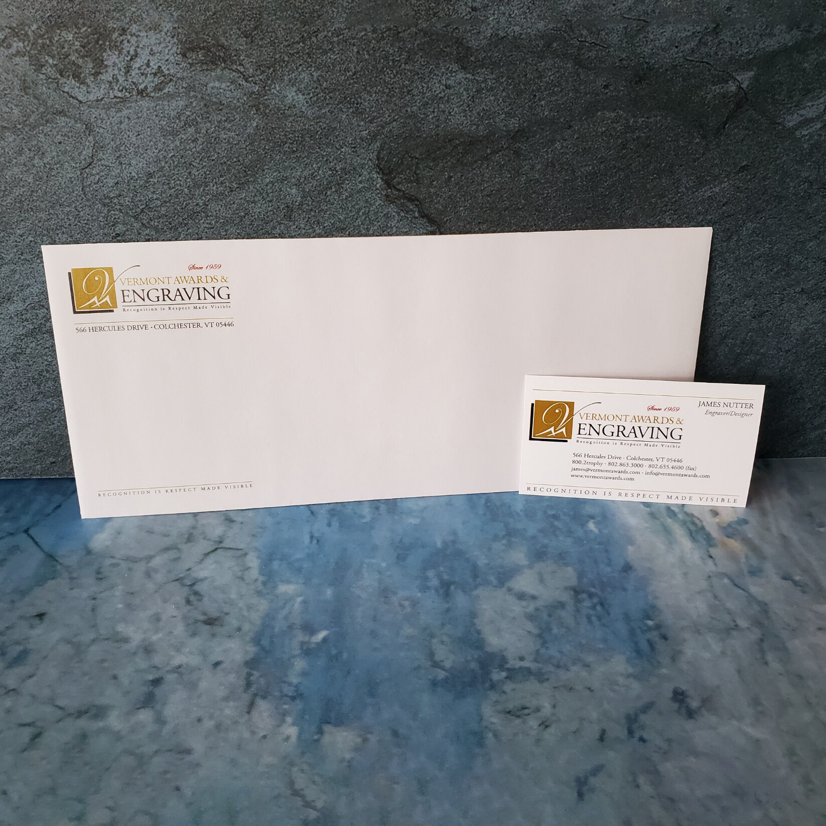 Printed full color envelopes for Vermont Awards & Engraving