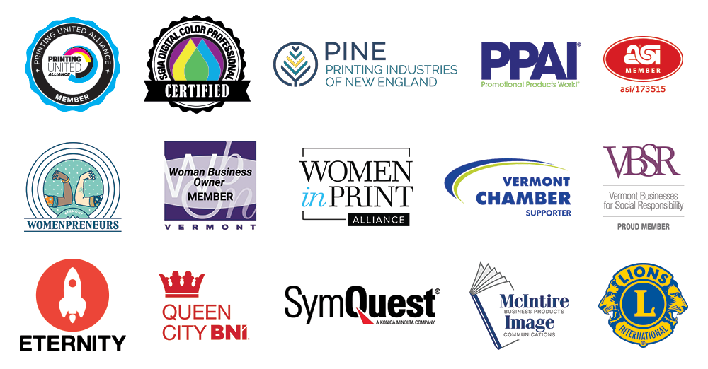 CW Affiliation Logos, including Printing United Alliance, Vermont Womenpreneurs, VBSR, and Queen City BNI