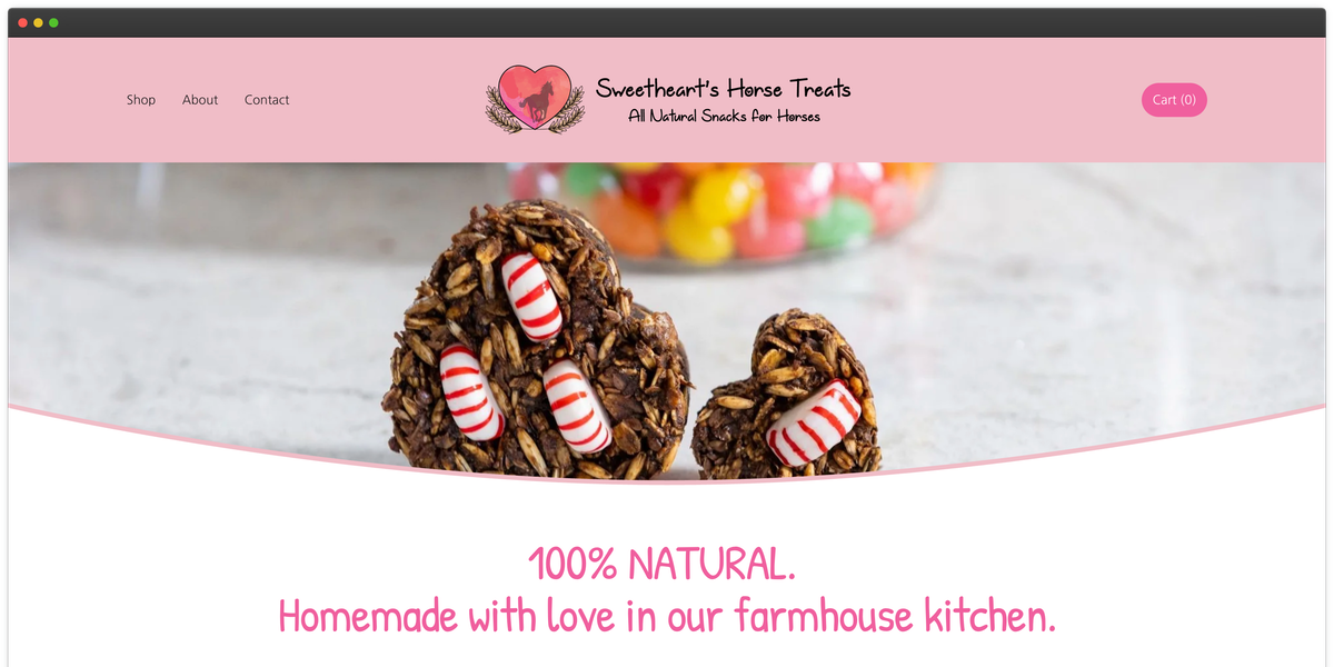 Screenshot of Sweetheart's Horse Treats??? Website: Homemade horse treats shaped like hearts, topped with candy canes. 100% natural ingredients.