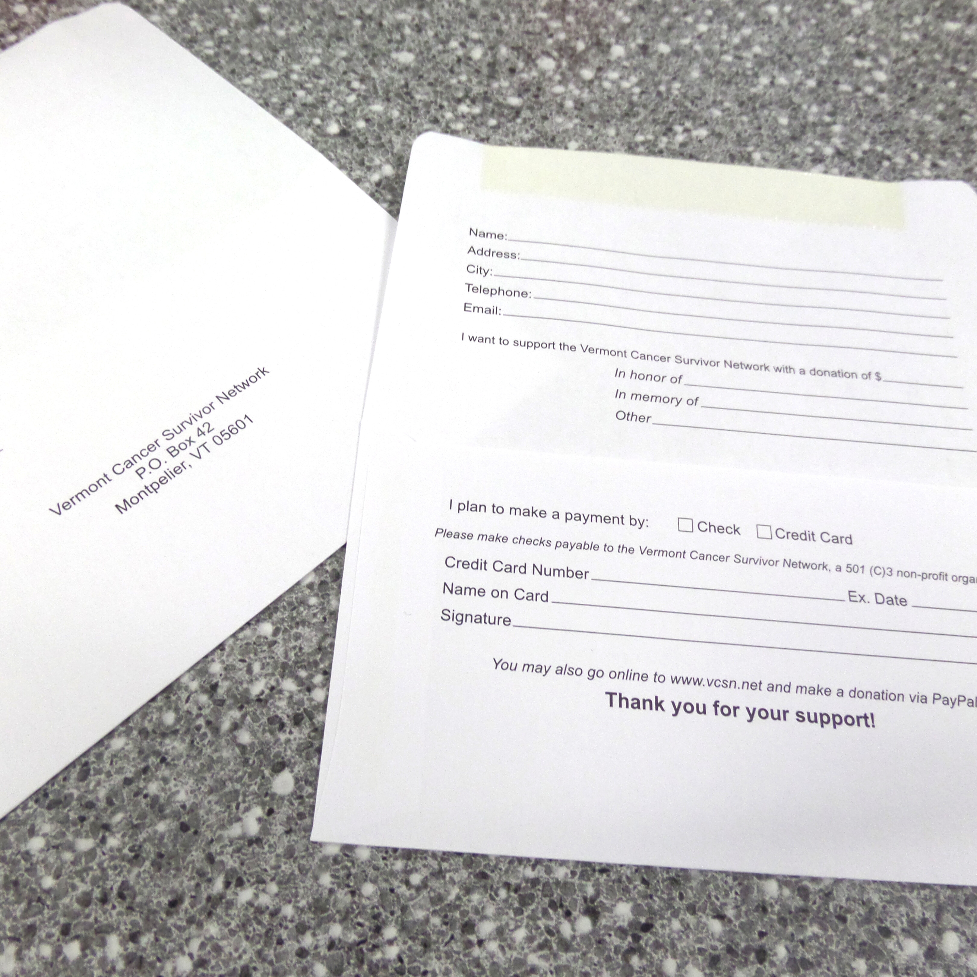 Printed envelopes with remittance flap for Vermont Cancer Survivor Network