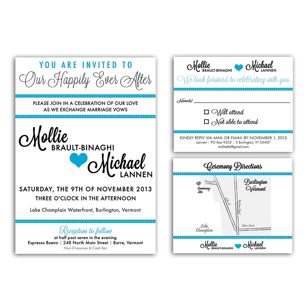 Custom designed wedding stationery with illustrated directions card.