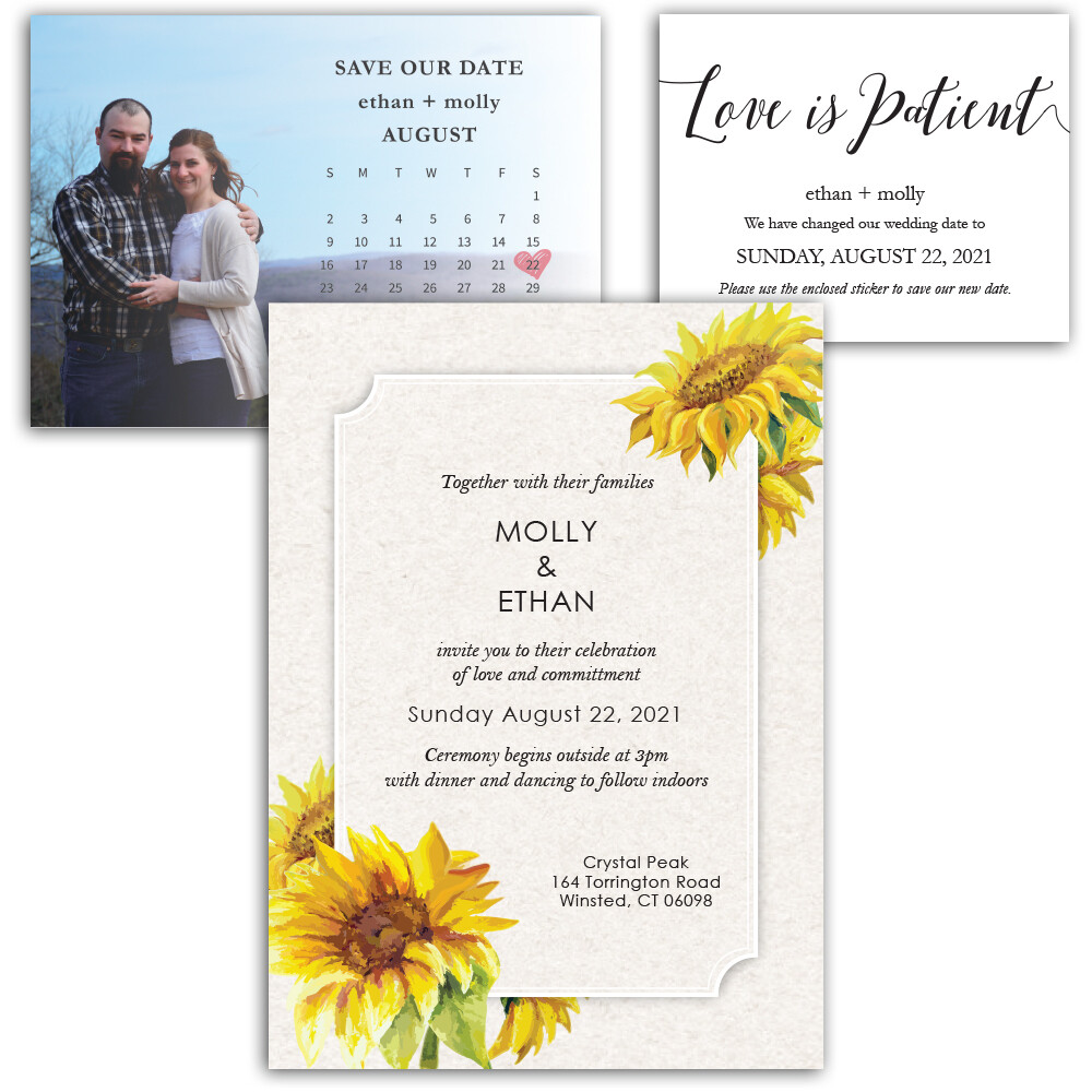Custom designed wedding stationery suite including save-the-date magnet, change-the-date card, and wedding invitation.