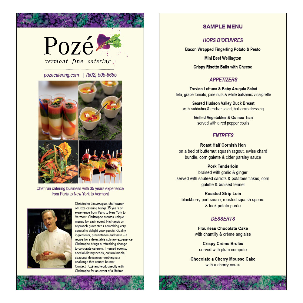 Custom designed rack card for Poze Catering
