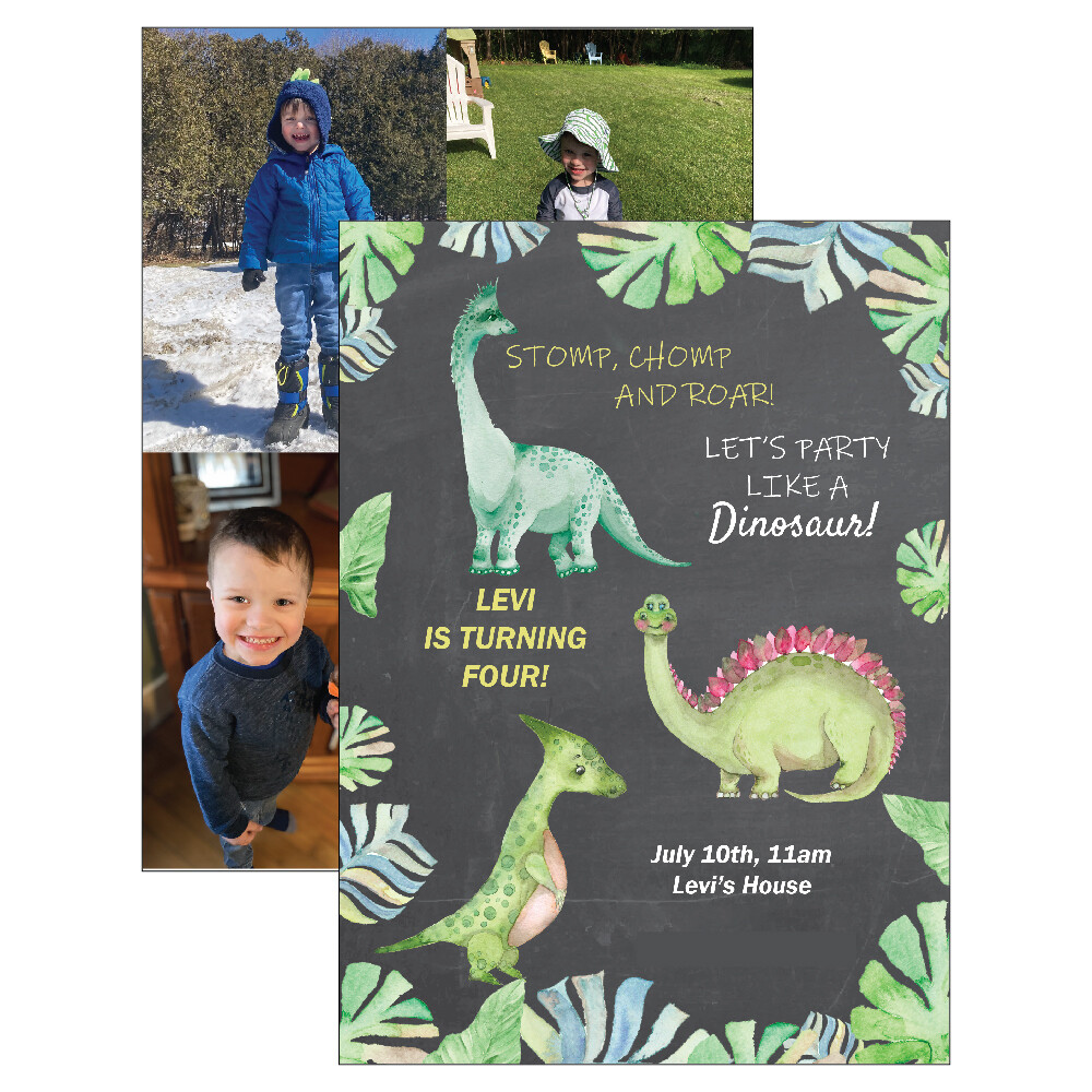 Custom designed fourth birthday party invitation with dinosaur theme