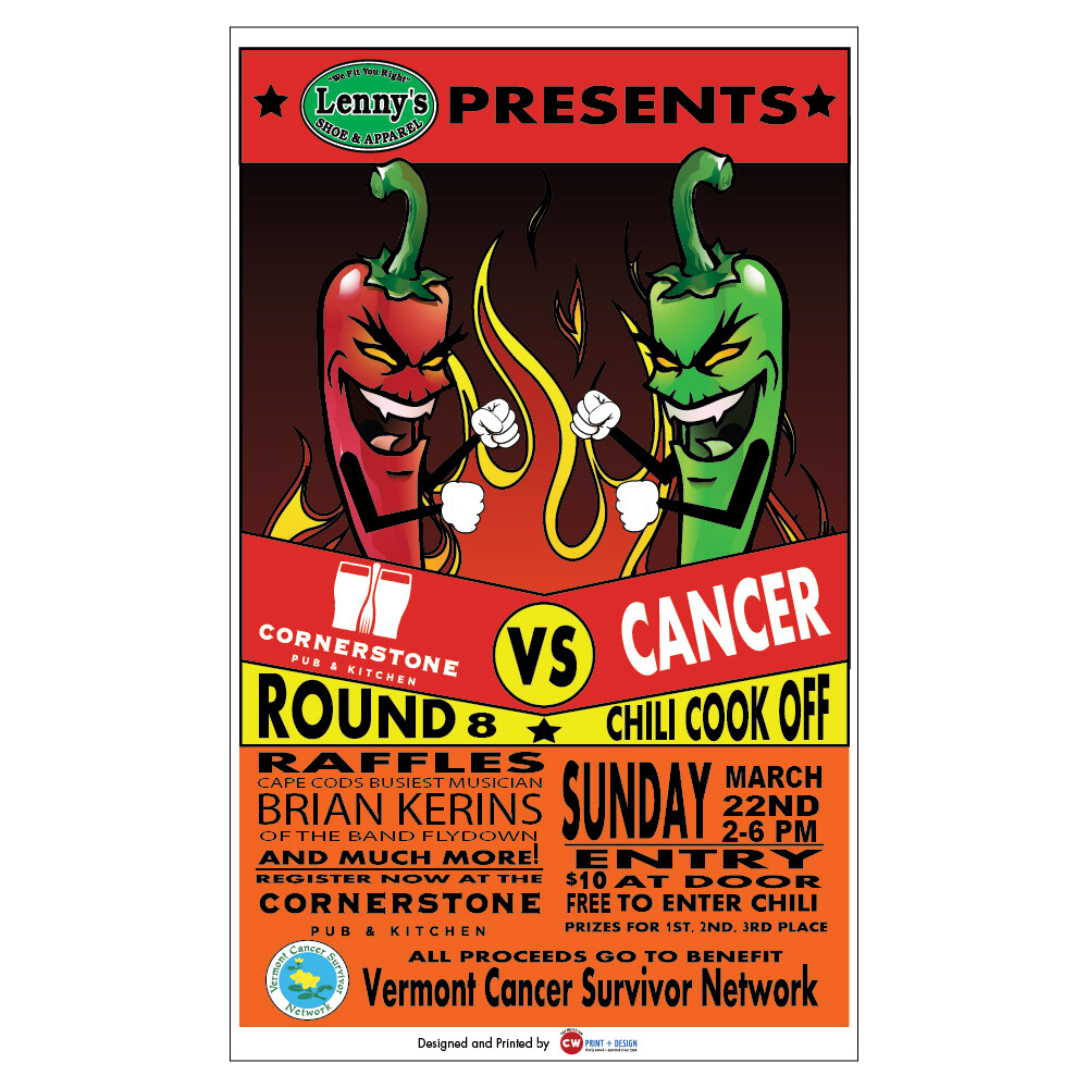 Custom event poster design for fundraiser event for the Vermont Cancer Survivor Network at Cornerstone Pub & Kitchen