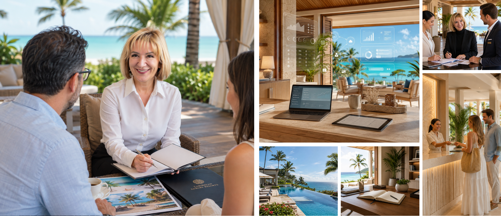 Meeting in a beachside setting with technology, showcasing luxury resort services and amenities.