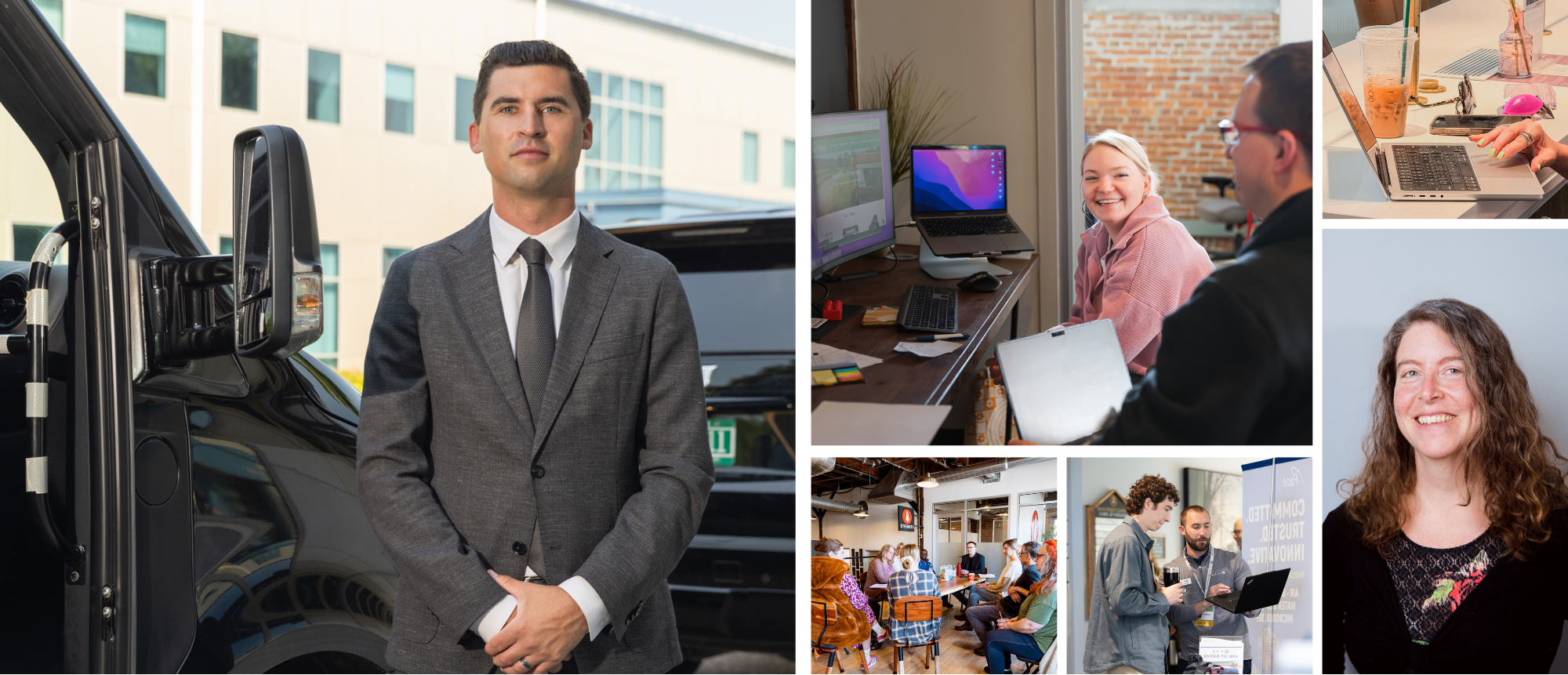 A collage of professionals in various work settings, from transportation to meetings.