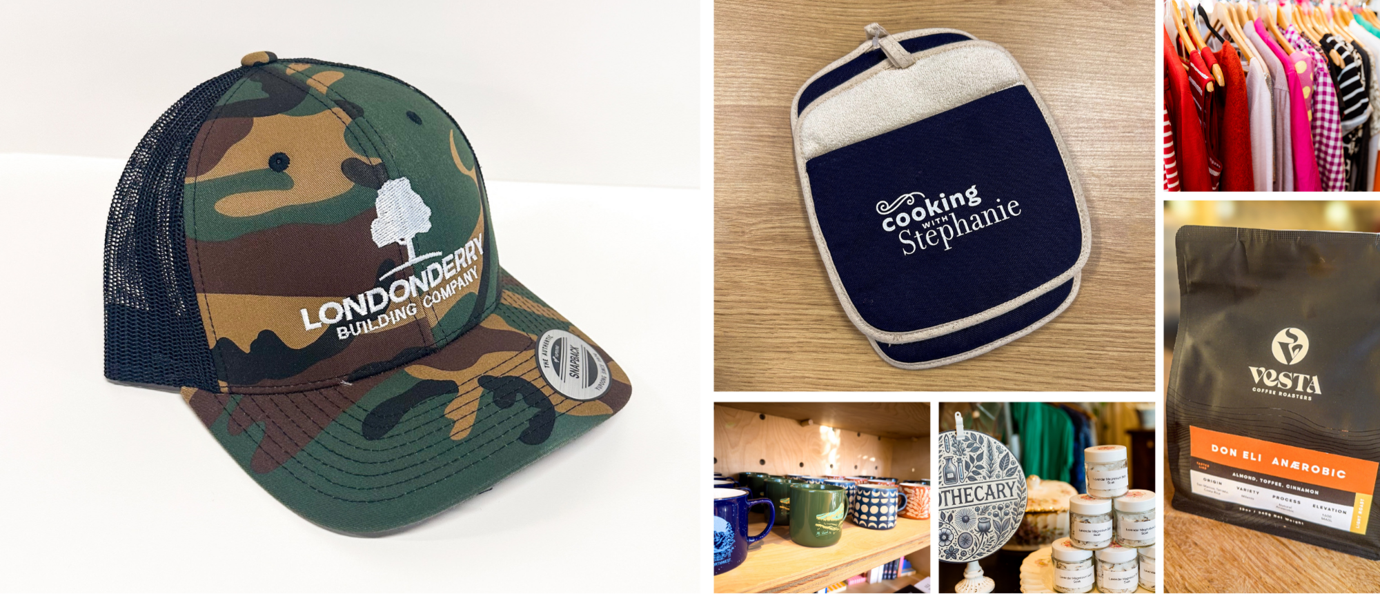 A collage featuring a camo cap, pot holder, clothing rack, mugs, and coffee bag.