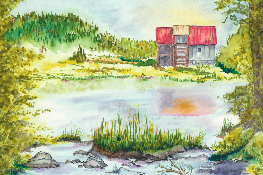 Pond View on the Barn. Watercolor by Linda Aschnewitz.