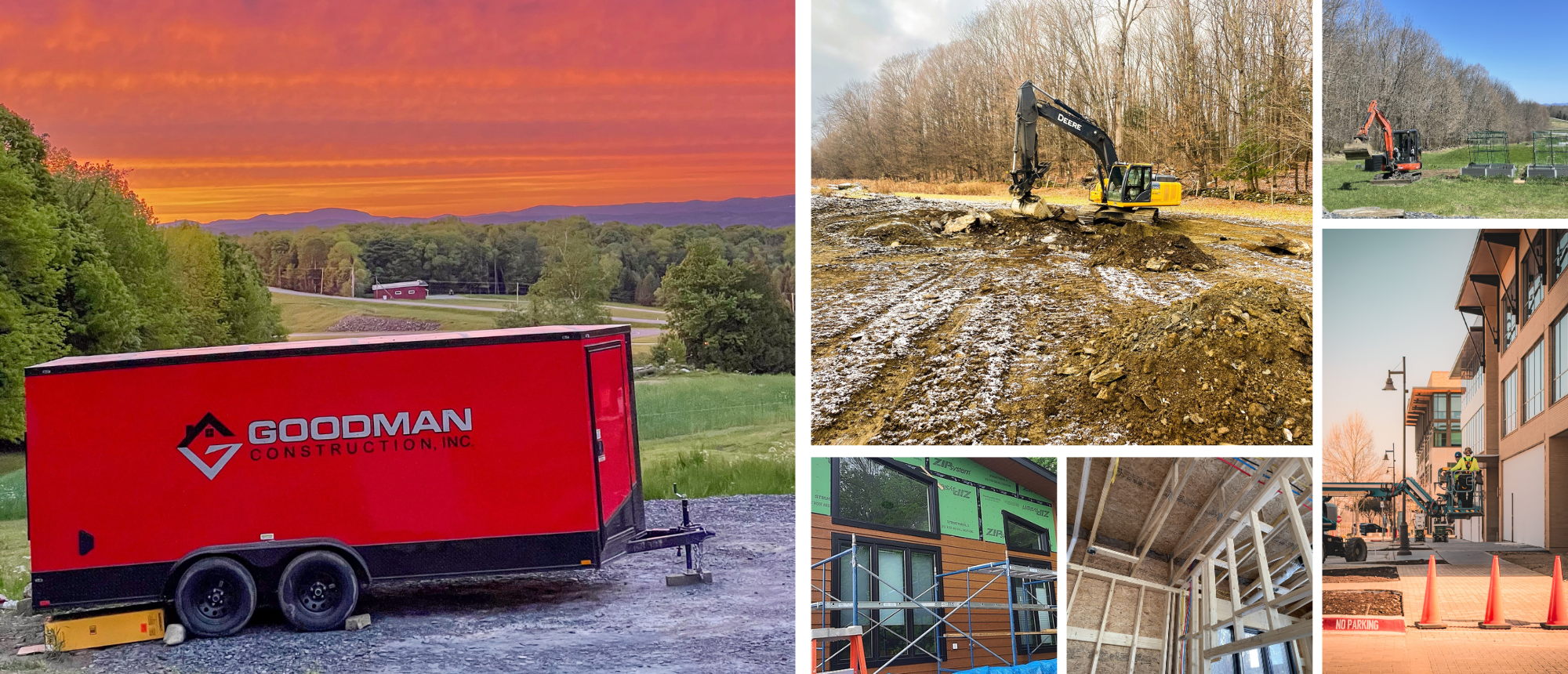 Construction site images featuring machinery, trailers, and ongoing projects.