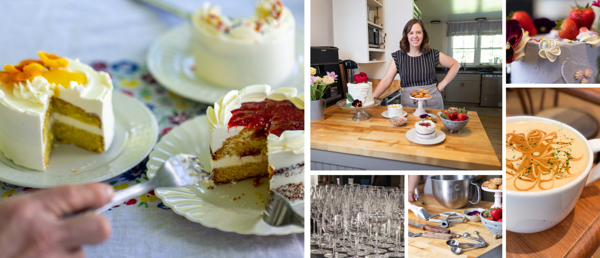 A collage featuring cakes, baking tools, a woman smiling in a kitchen, and decorative desserts.