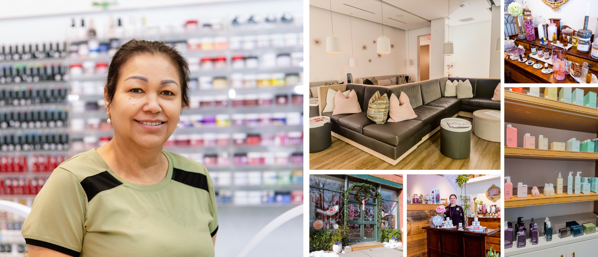 A woman smiles in a beauty salon surrounded by products and a cozy seating area.
