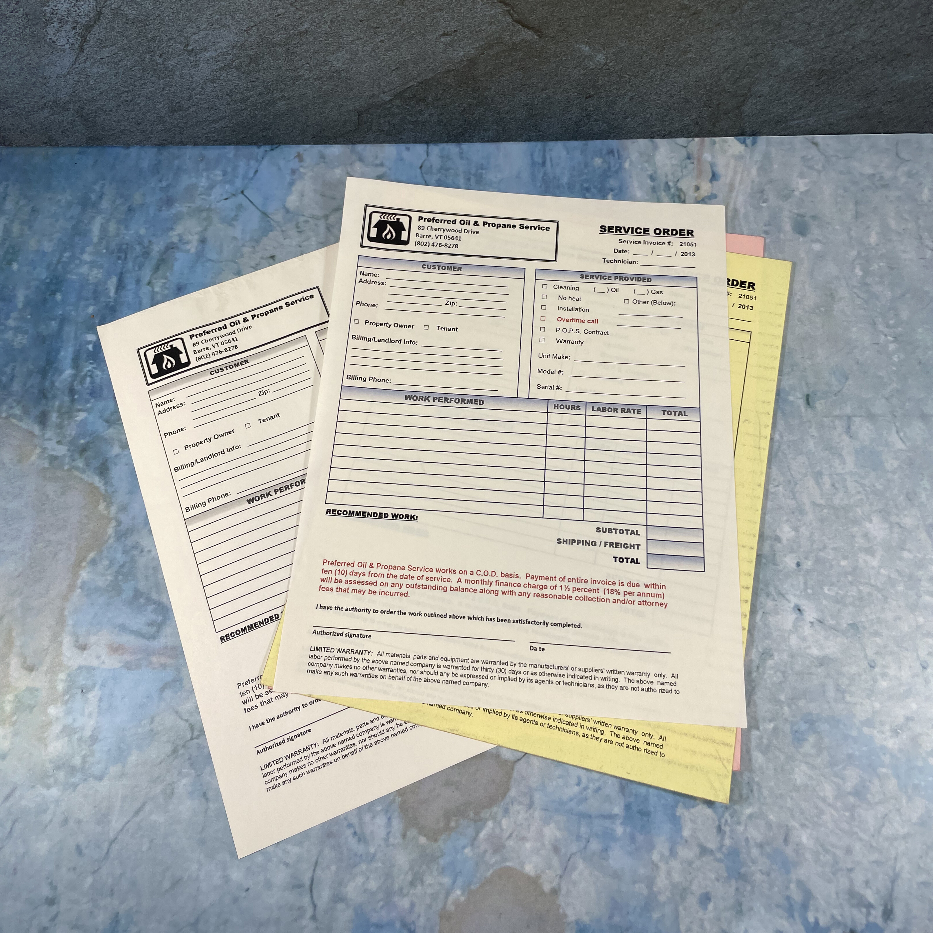 Carbonless/NCR Service Order Forms for Preferred Oil & Propane Service