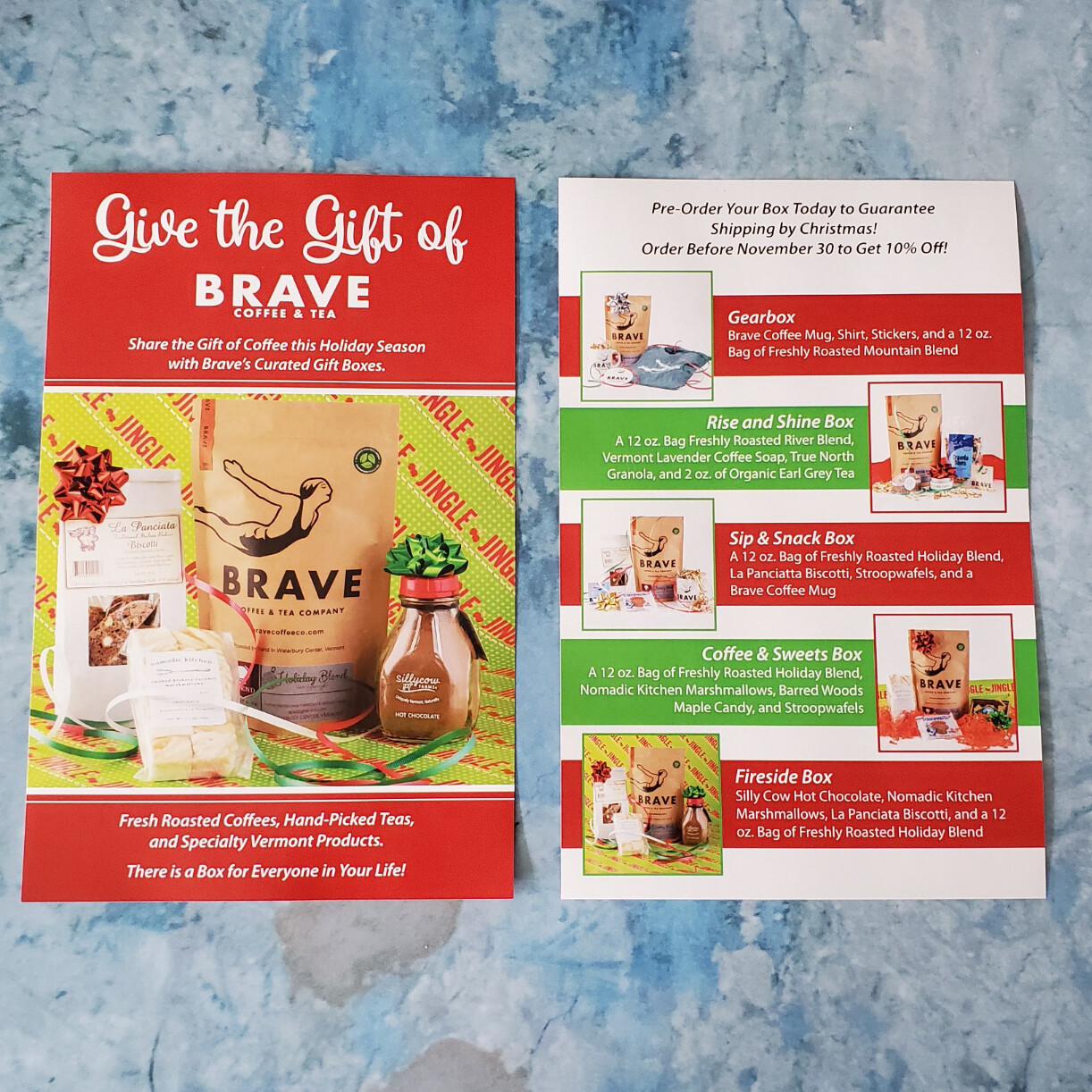 Printed holiday flyer for Brave Coffee