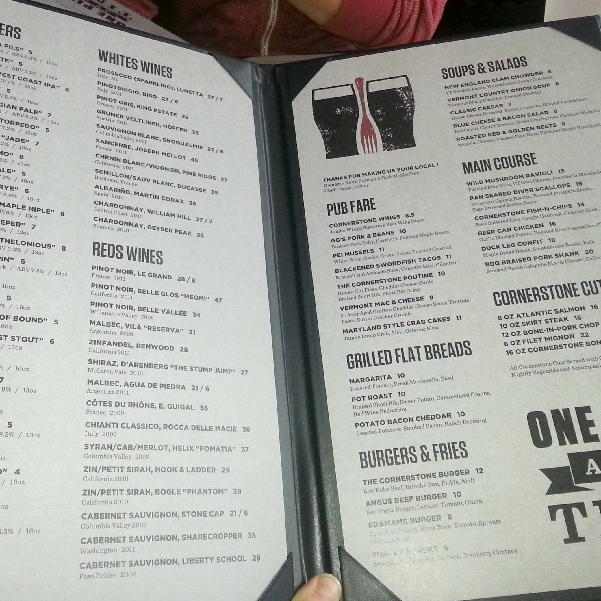 Printed menu inserts for Cornerstone Pub & Kitchen