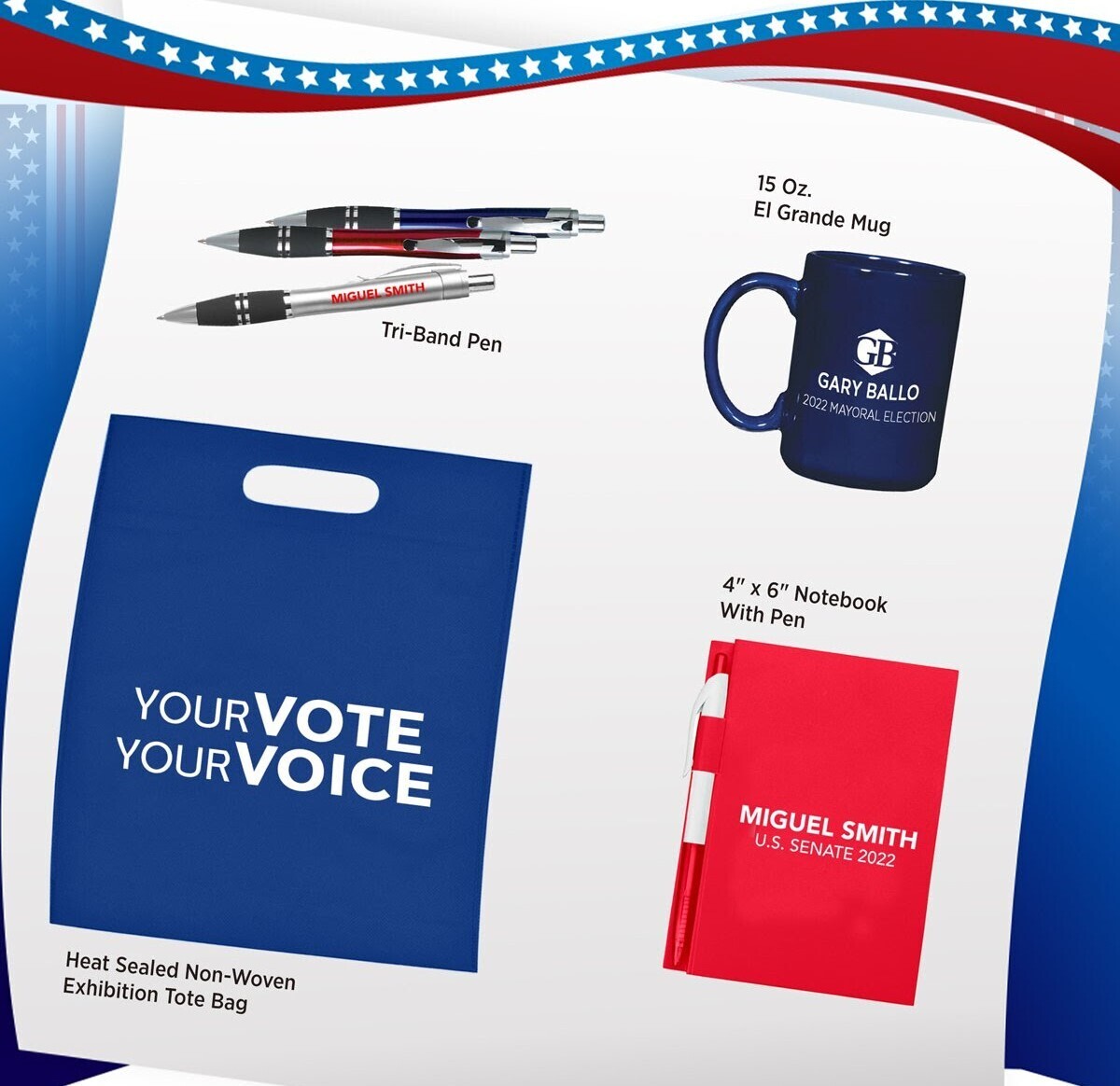 Political Printing: Pens, Notebooks, Mugs, Bags