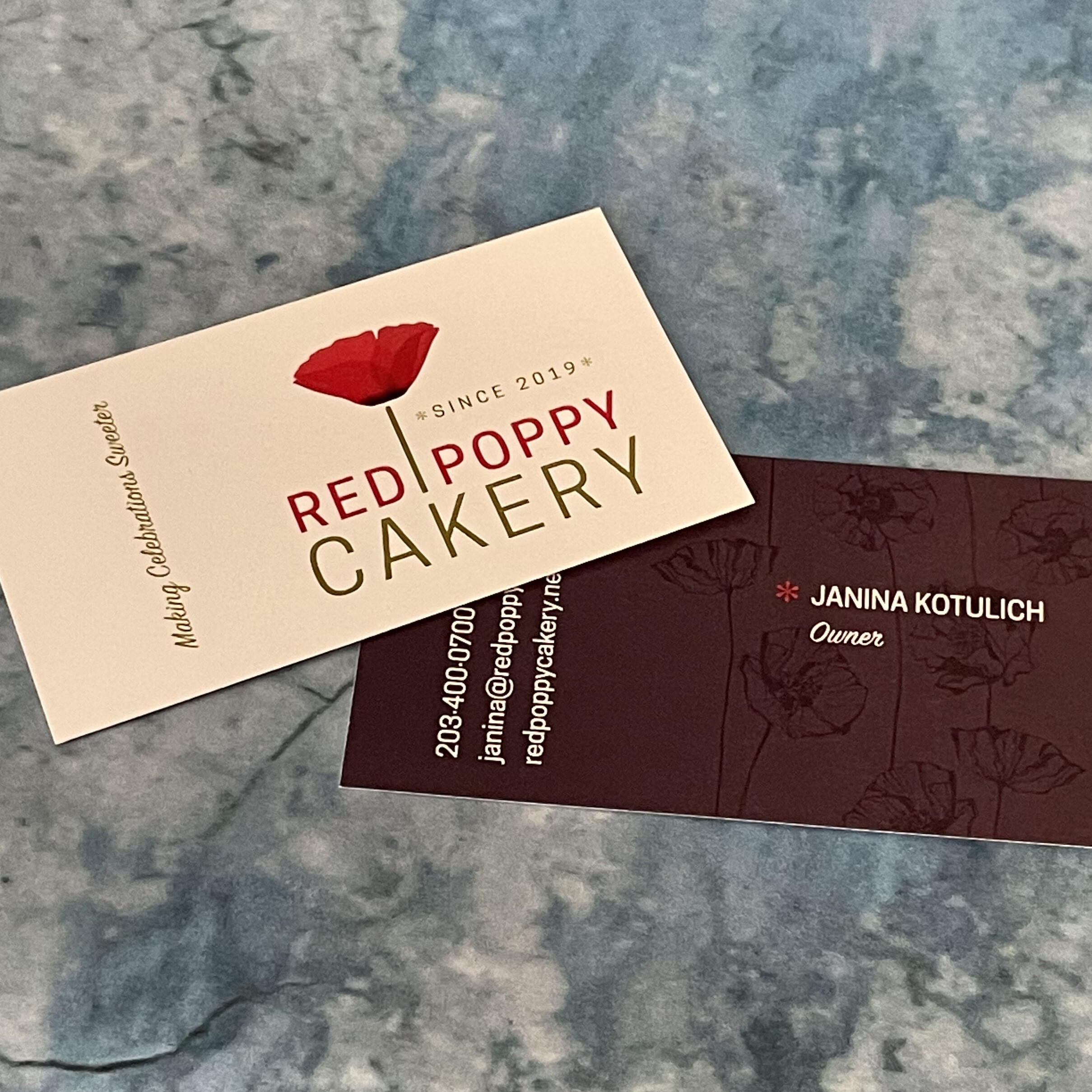 Business card printing for Red Poppy Cakery (design by Interrobang Collaborative)